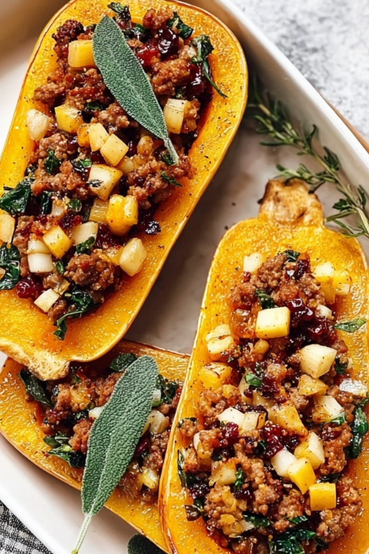 Apple Sausage Stuffed Butternut Squash served in roasted halves with cranberries and pecans
