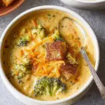 Creamy and cheesy broccoli cheddar soup in a bowl with a sprinkle of cheddar