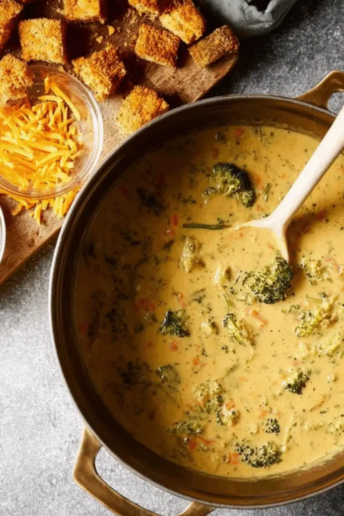 Creamy and cheesy broccoli cheddar soup in a bowl with a sprinkle of cheddar