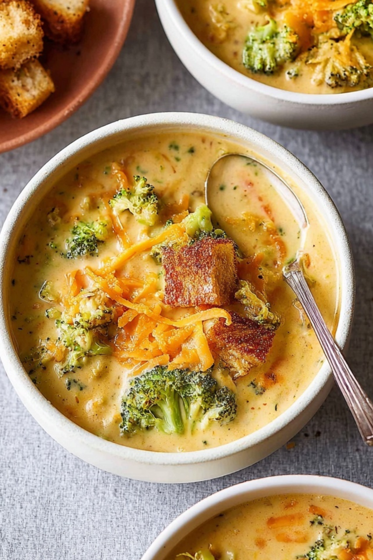 Creamy and cheesy broccoli cheddar soup in a bowl with a sprinkle of cheddar