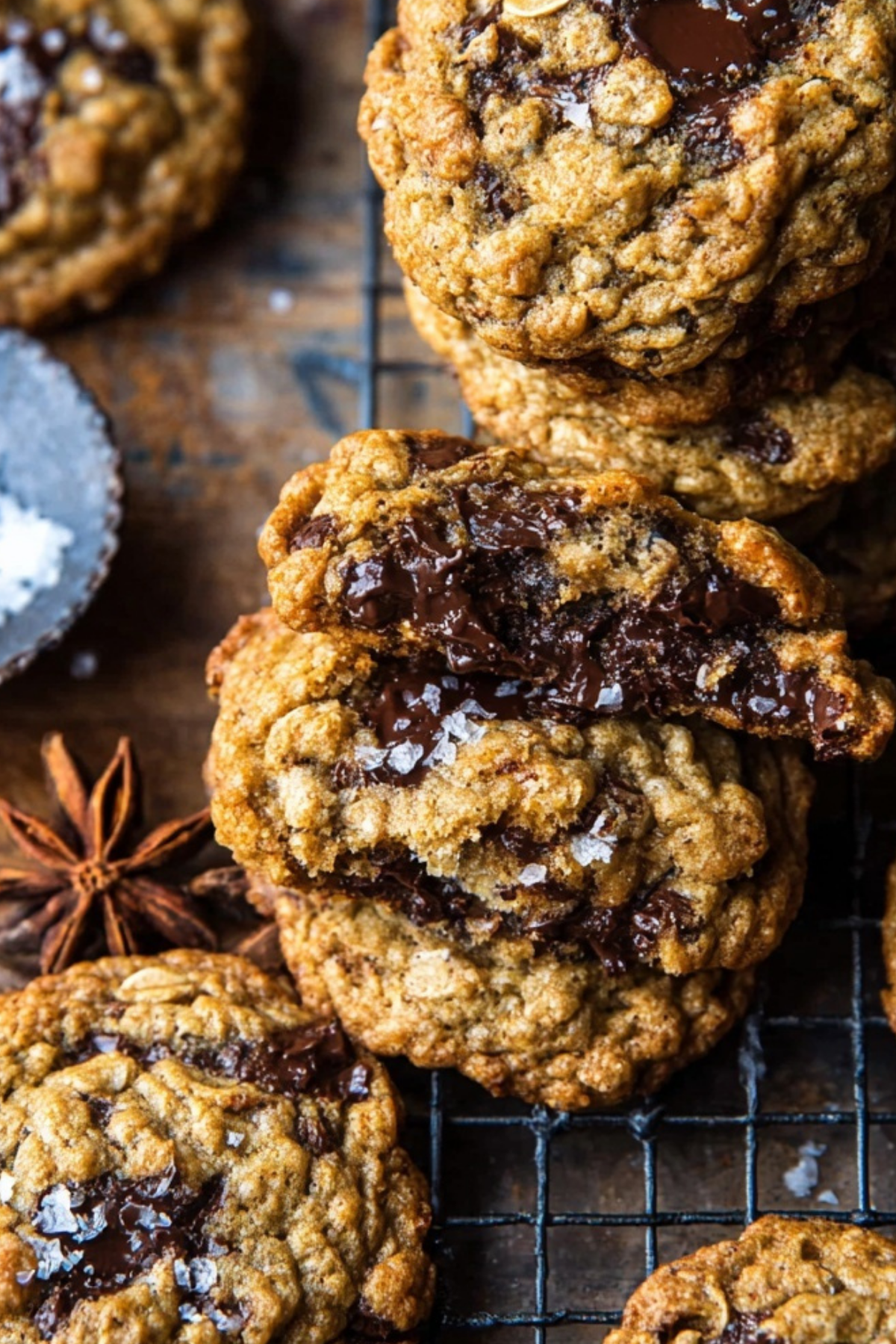 freshly baked brown butter pumpkin oatmeal chocolate chip cookies on tray