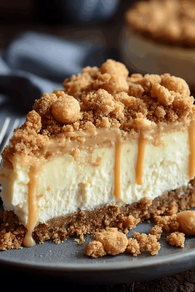Butterscotch Cheesecake with a Buttery Crumble, a creamy dessert with a golden topping