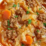 hearty cabbage roll soup with beef and cabbage in tomato broth