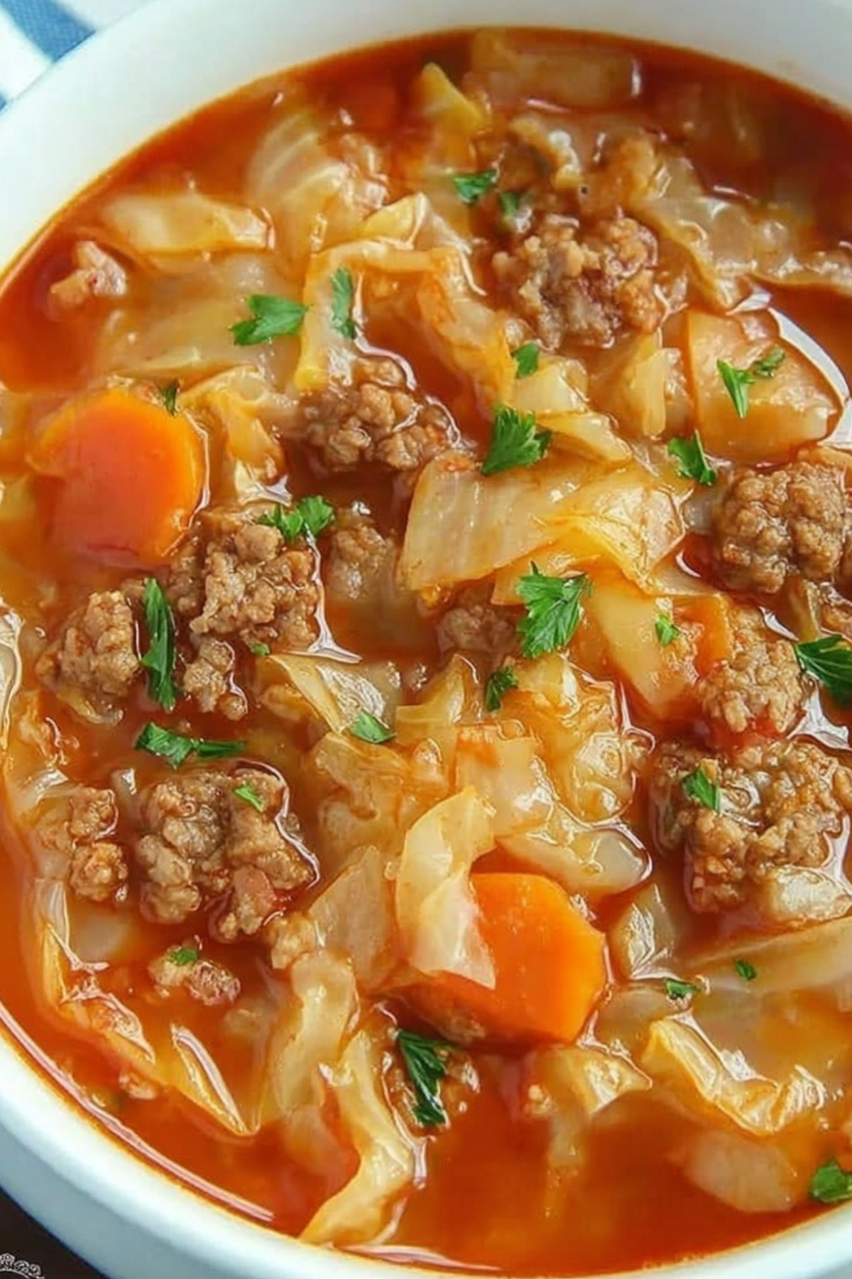 hearty cabbage roll soup with beef and cabbage in tomato broth