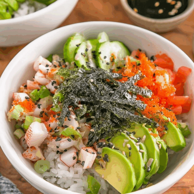California Roll Sushi Bowls with sushi rice, avocado, imitation crab, and spicy mayo