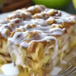Caramel Apple Cinnamon Roll Lasagna served warm with caramel drizzle