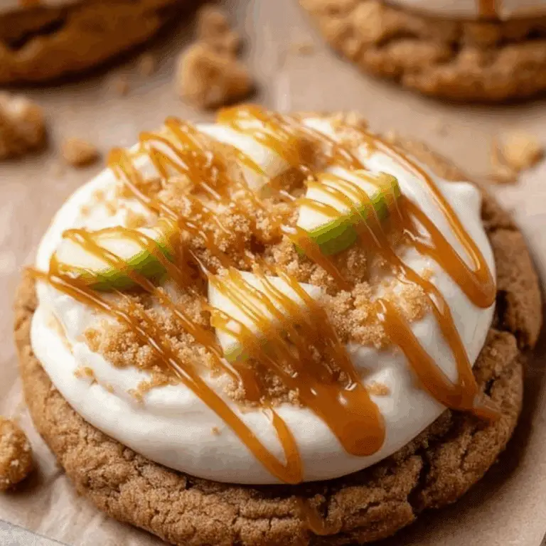 : Caramel Crumbl Apple Cookies with caramel frosting and green apple chunks