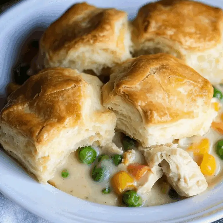 Chicken Pot Pie with Biscuits served hot with golden, fluffy biscuits on top