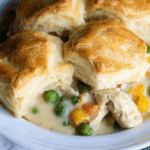 Chicken Pot Pie with Biscuits served hot with golden, fluffy biscuits on top