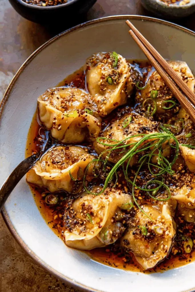 chili crisp butternut squash dumplings served in ginger soy broth
