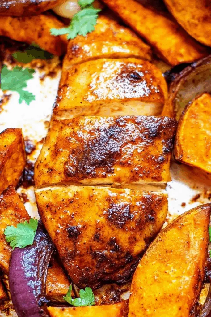 Sheet pan with chili and brown sugar spice rub chicken and sweet potatoes