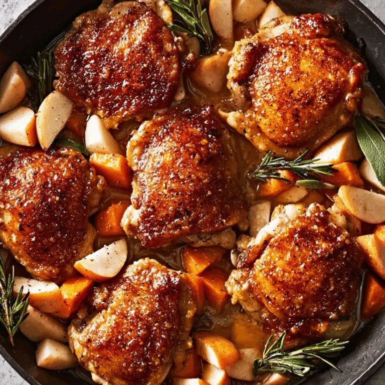 Cider glazed chicken thighs served with roasted vegetables and apple cider glaze