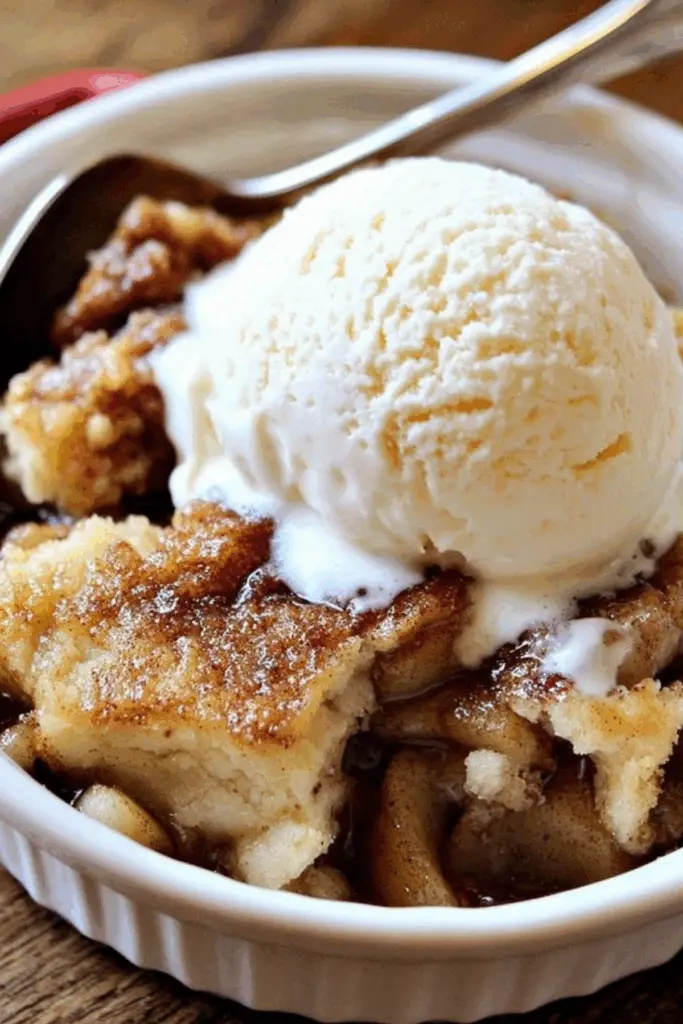 Cinnamon Apple Cobbler served warm with vanilla ice cream