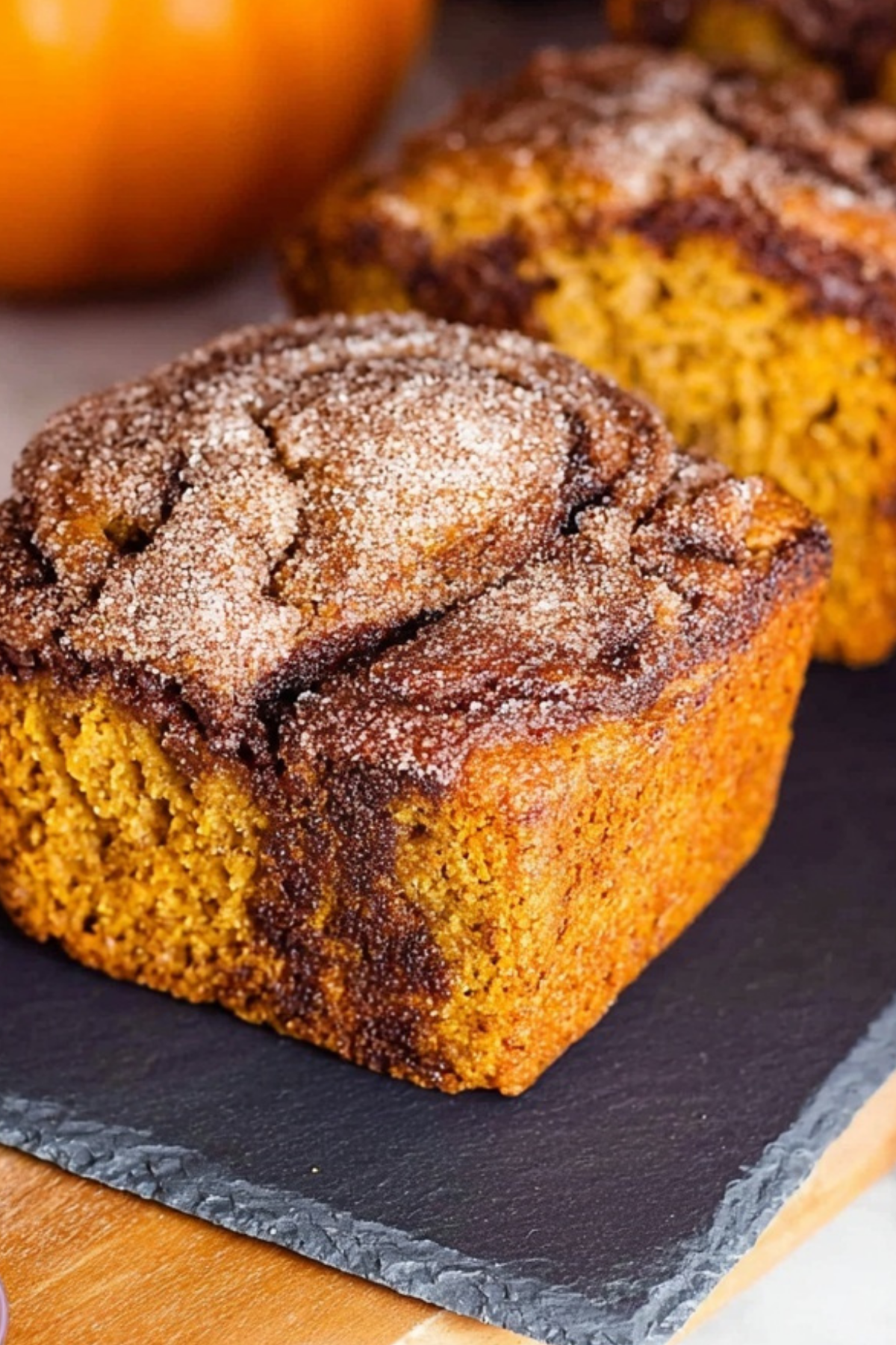 Cinnamon Swirl Pumpkin Bread Mini Loaves recipe with cinnamon sugar swirl topping