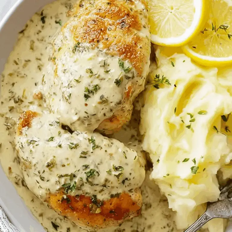 Creamy Herb Chicken served with mashed potatoes and vegetables