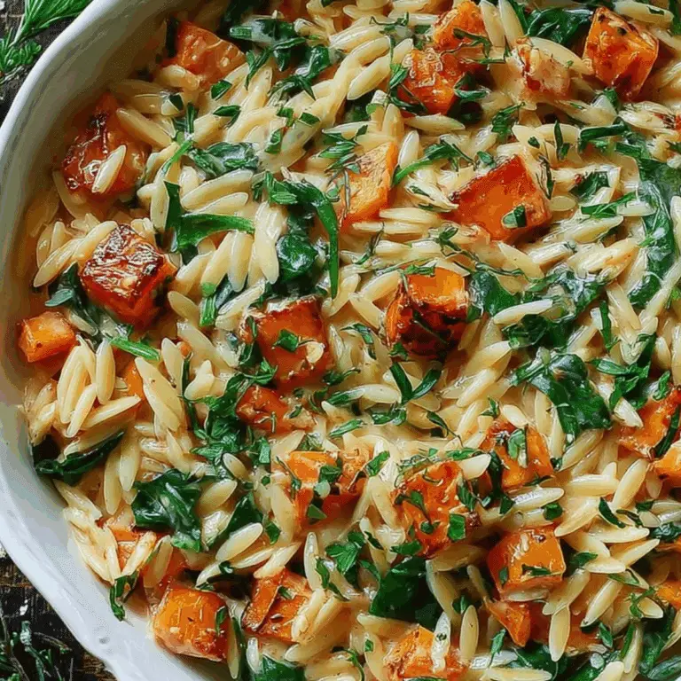 creamy orzo pasta with roasted butternut squash and spinach