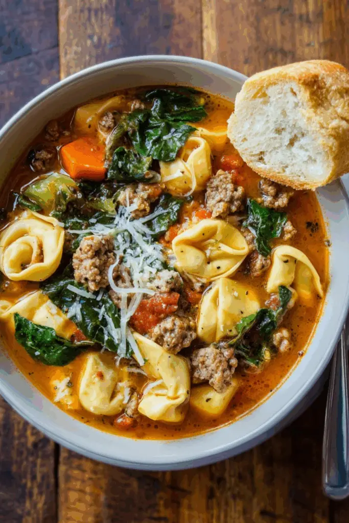 Creamy Sausage Tortellini Soup with spinach and sweet potatoes