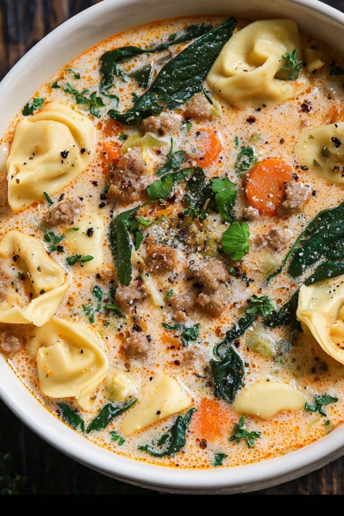 Creamy Sausage Tortellini Soup with spinach and sweet potatoes