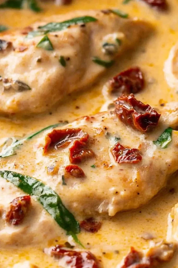 Creamy Sun Dried Tomato Chicken recipe with chicken, sun dried tomatoes, and spinach