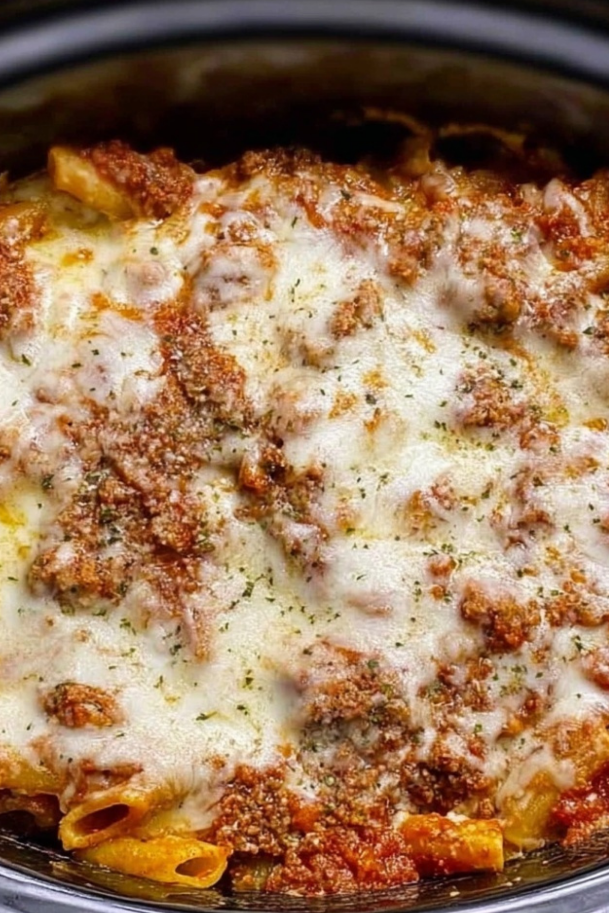 Crock Pot Baked Ziti recipe with melted cheese and pasta