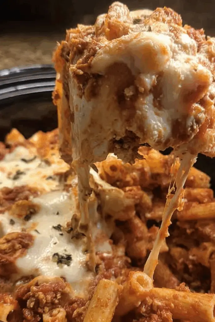 Crock Pot Baked Ziti recipe with melted cheese and pasta