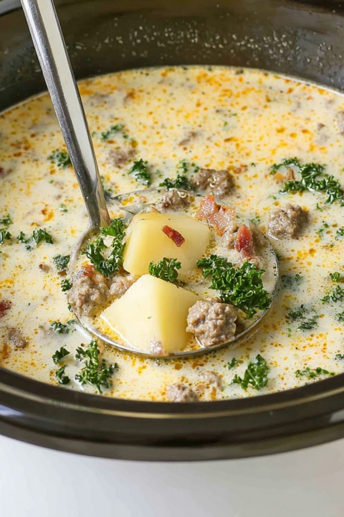 Crock Pot Zuppa Toscana recipe with sausage, bacon, and kale