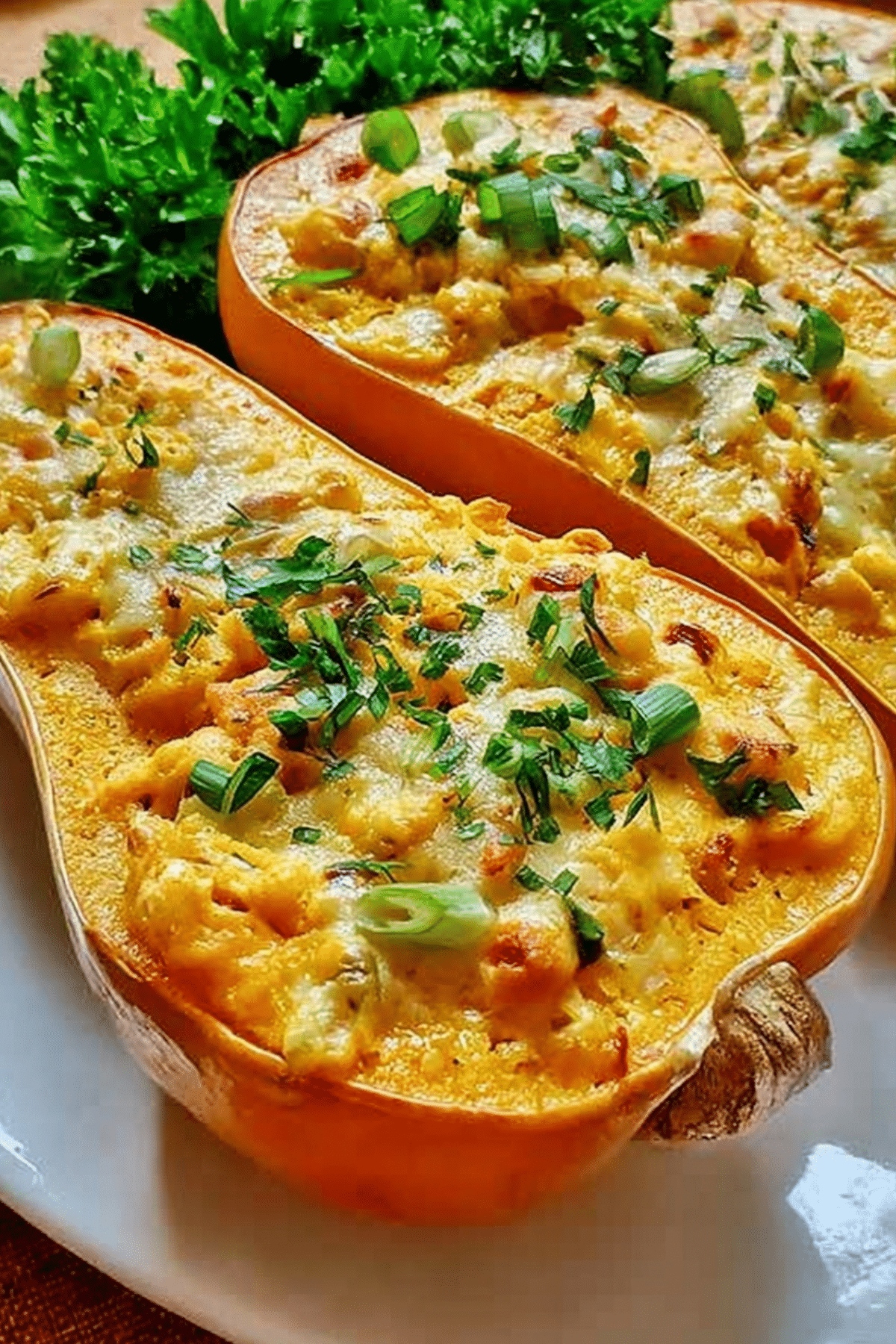 Double Stuffed Butternut Squash served with melted cheese and herbs