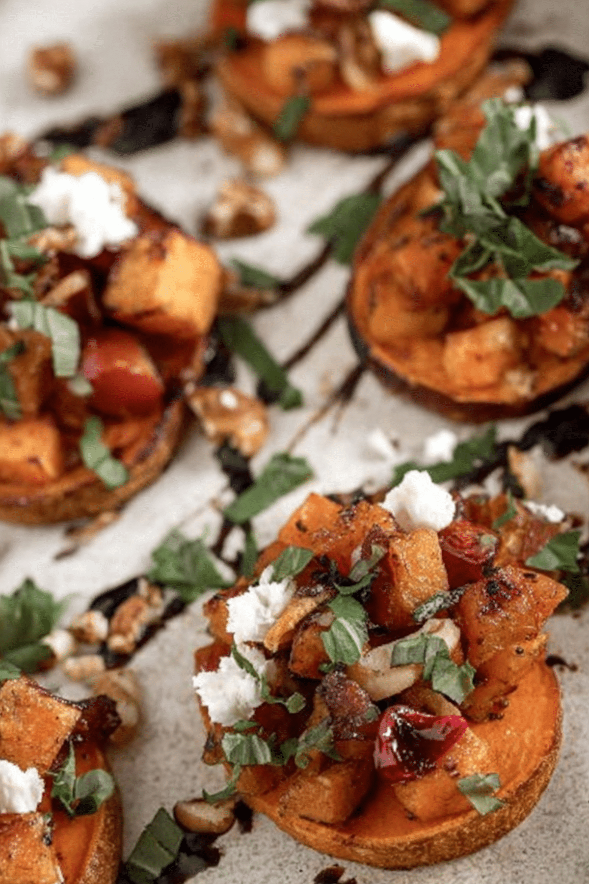 Fall Bruschetta on Sweet Potato Crostini with goat cheese, butternut squash, and balsamic glaze