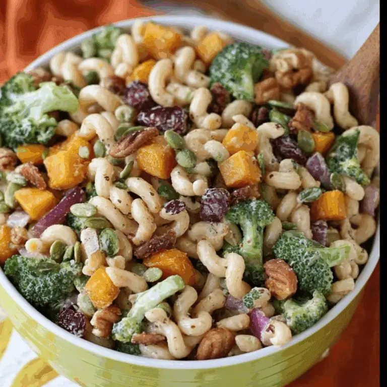 Fall Harvest Pasta Salad with sweet potatoes, cranberries, and goat cheese