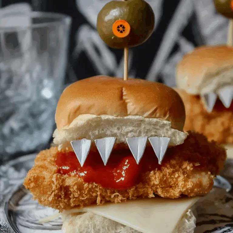 Halloween Chicken Parmesan Sliders with cheese teeth and olive eyes