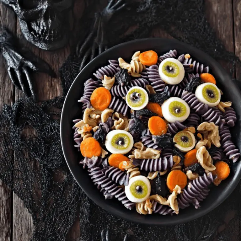 Halloween Pasta Salad with black pasta, mozzarella eyeballs, and mushroom skulls