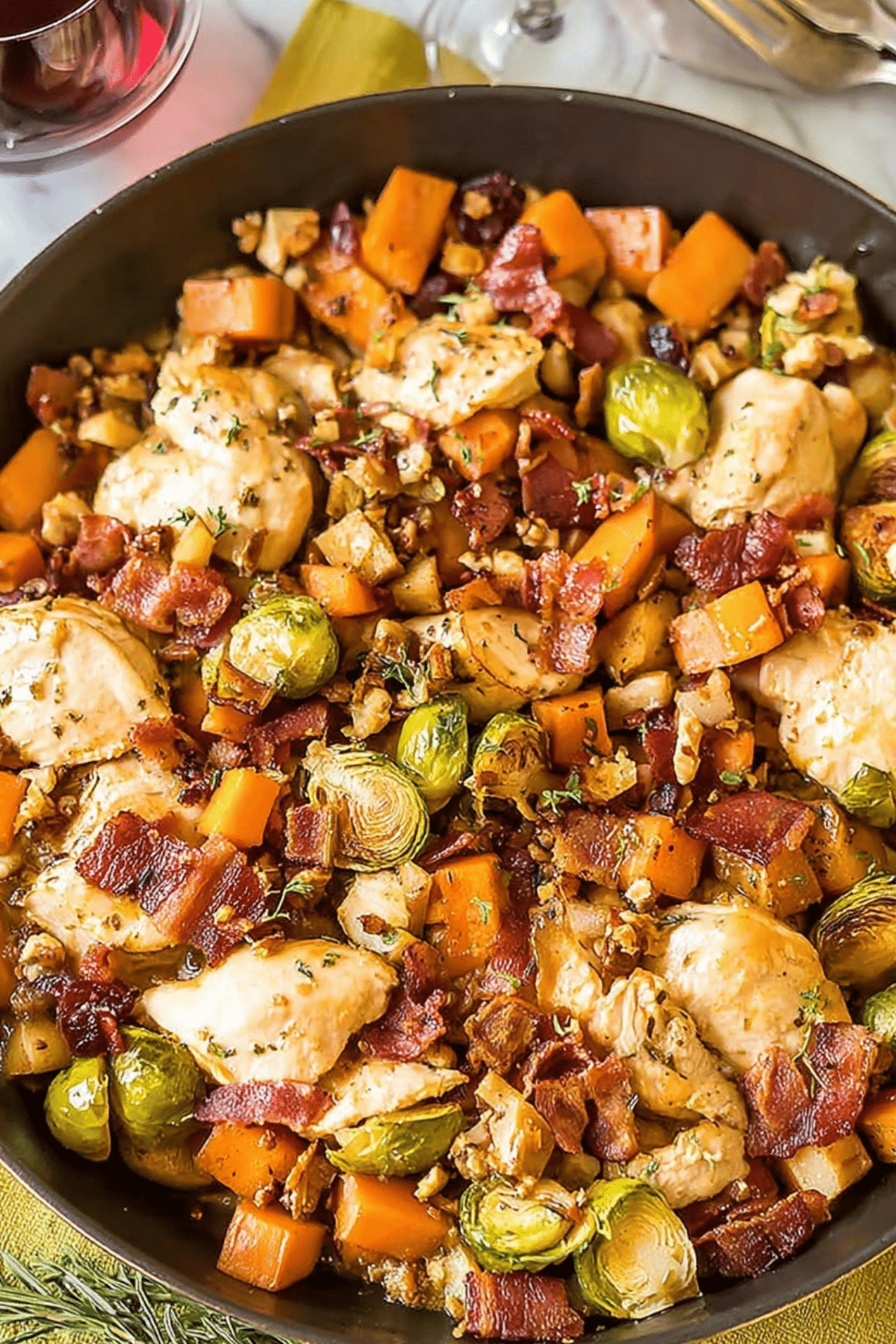 Harvest Chicken Skillet with chicken, sweet potatoes, and Brussels sprouts