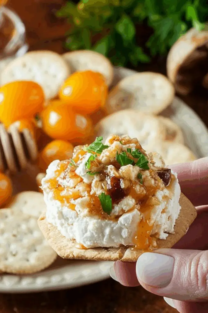 Honey apricot and almond goat cheese spread on crackers and fruit