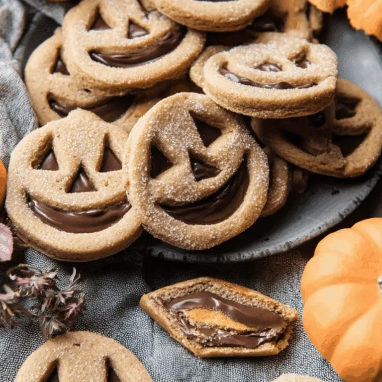 Milk Chocolate Stuffed Jack-O’-Lantern Cookies with cinnamon sugar dusting