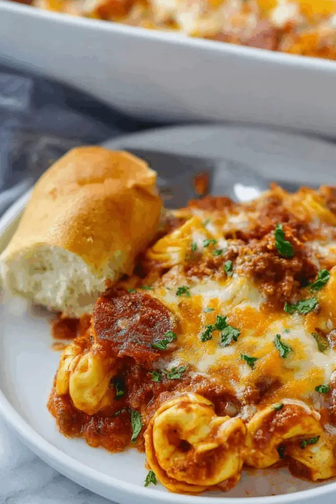 Million Dollar Baked Tortellini with cheese and marinara sauce