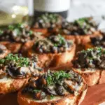 Mushroom bruschetta with melted Gruyere and thyme on crostini