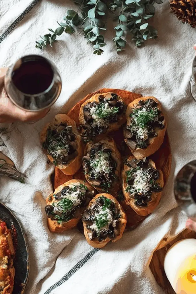 Mushroom bruschetta with melted Gruyere and thyme on crostini