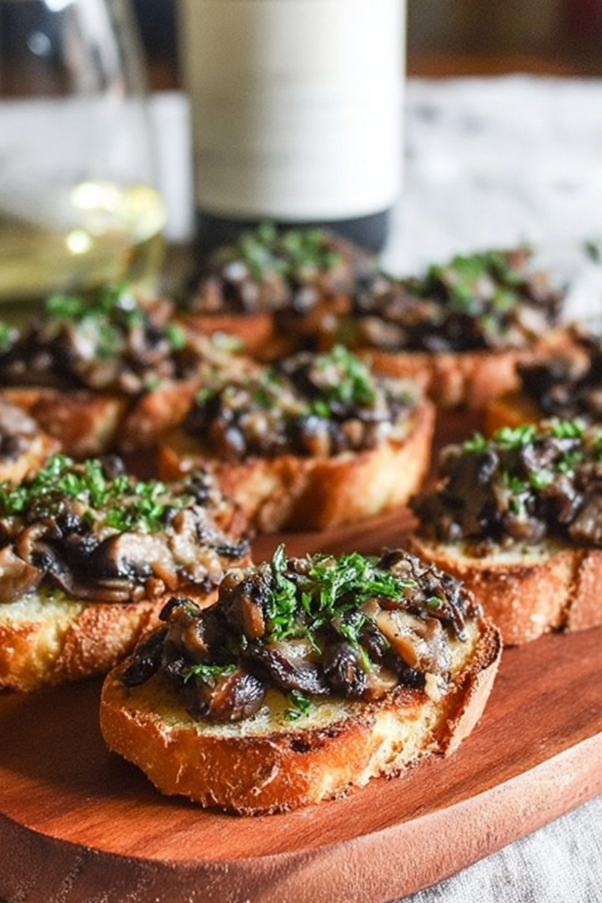 Mushroom bruschetta with melted Gruyere and thyme on crostini