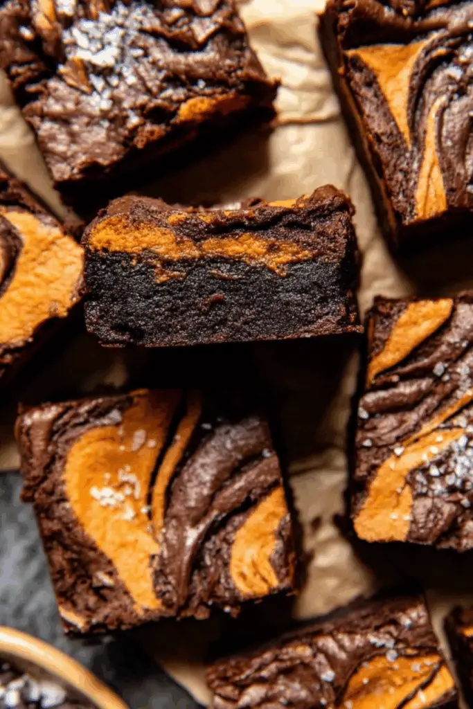 Pumpkin Brownies served on a plate with chocolate chips