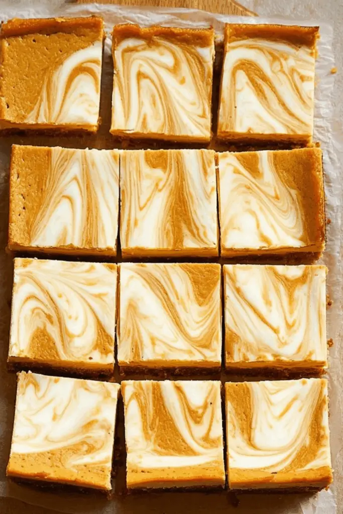Pumpkin Cheesecake Bars recipe with pumpkin pie and cheesecake swirl