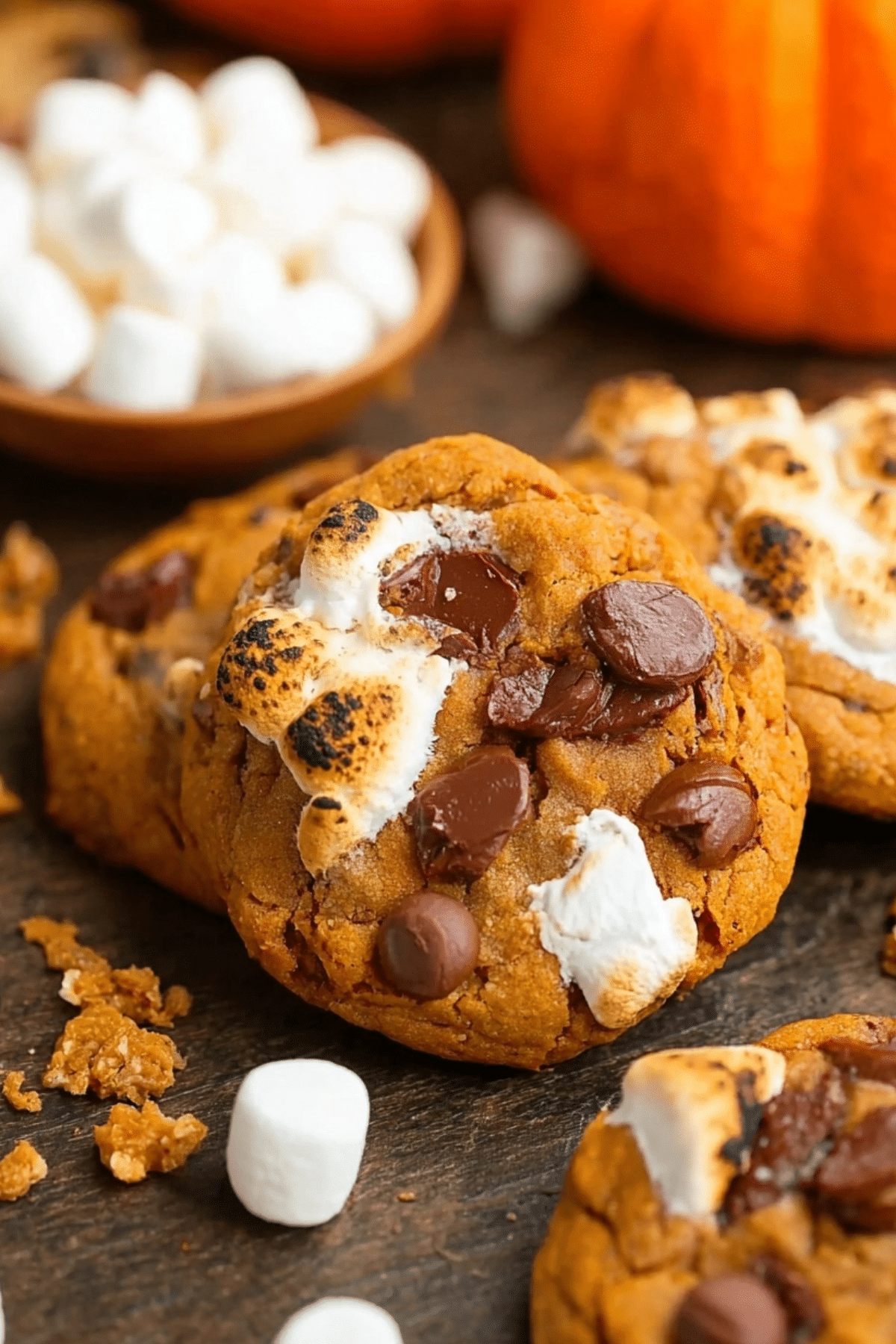 Pumpkin S’mores Cookies fresh out of the oven with gooey marshmallows and chocolate