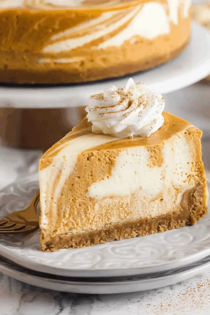 pumpkin swirl cheesecake with a creamy texture and fall spices