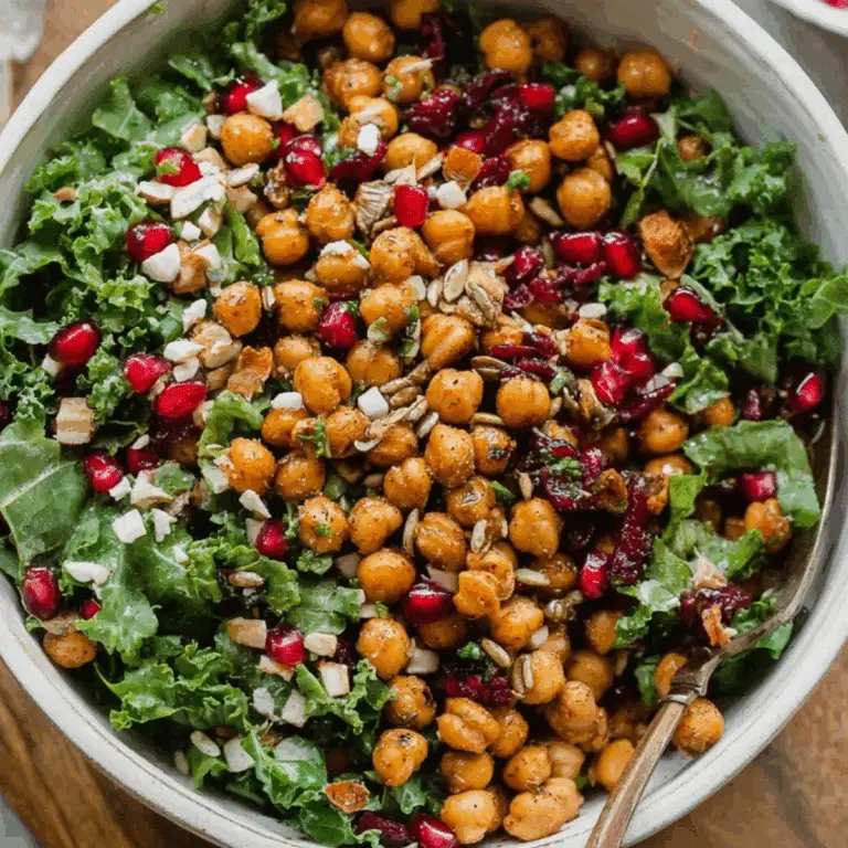 Roasted Chickpea Fall Salad with kale, pomegranate, walnuts, and cranberries