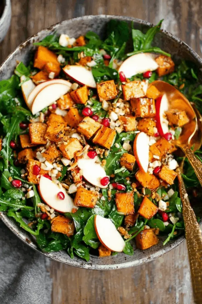 Salad with Butternut Squash and Apple served in a bowl with greens