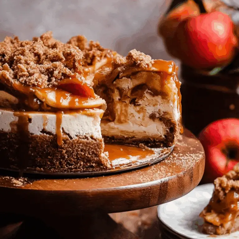 Salted Caramel Apple Pie Cheesecake with apple topping and caramel drizzle