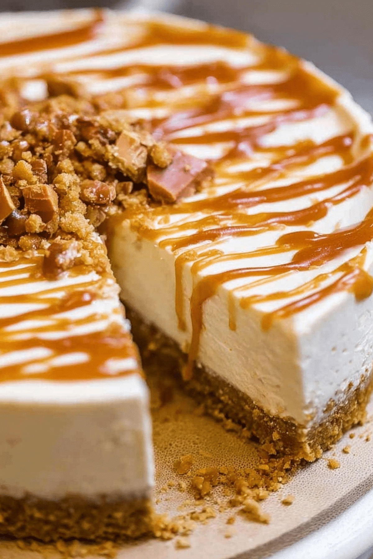 Salted Caramel No Bake Cheesecake with a buttery graham cracker crust and salted caramel topping