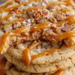 Salted Caramel Toffee Cookies fresh from the oven with caramel and toffee