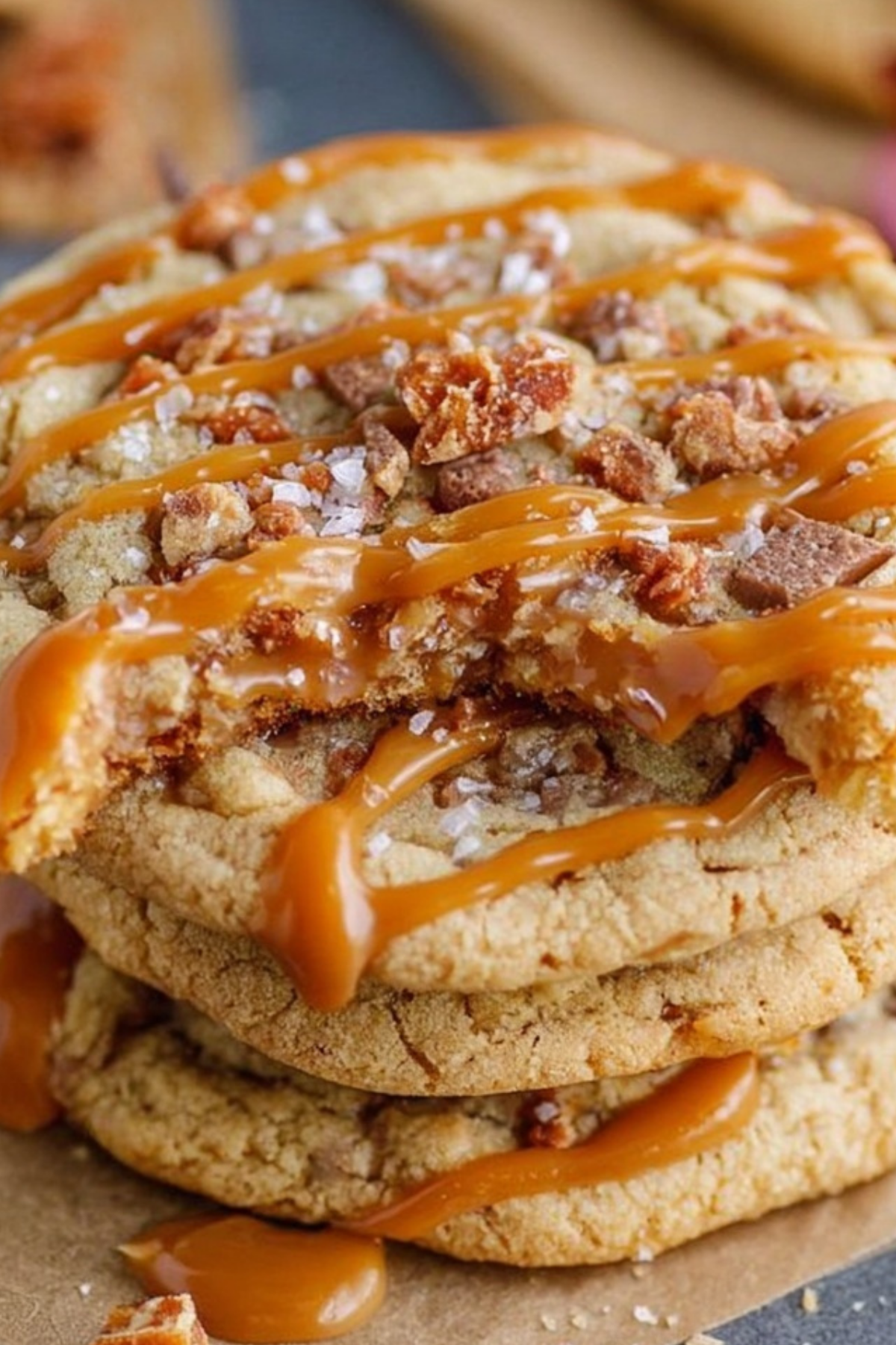 Salted Caramel Toffee Cookies fresh from the oven with caramel and toffee