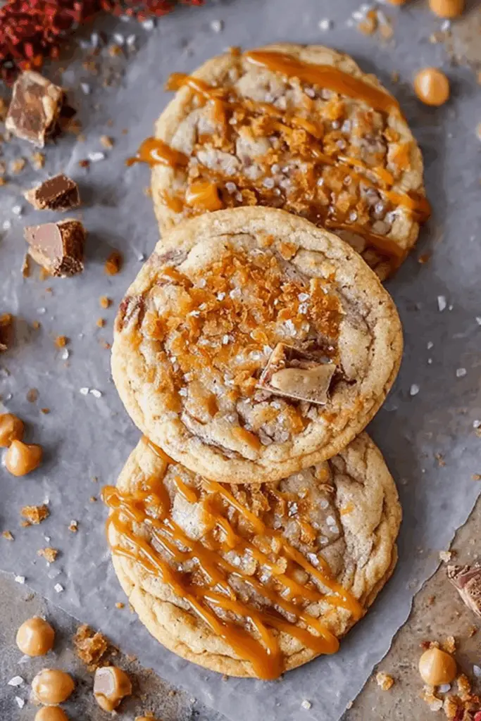 Salted Caramel Toffee Cookies fresh from the oven with caramel and toffee
