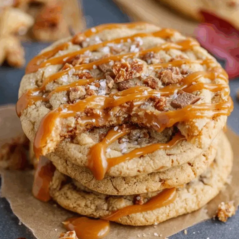 Salted Caramel Toffee Cookies fresh from the oven with caramel and toffee